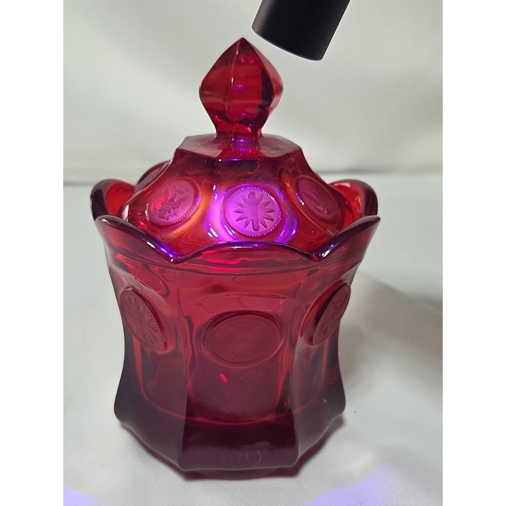 Vintage Fostoria Ruby Red Coin Glass 6.5"H, 4.25 W, 3.5" Depth Lidded Candy Dish - Picture 6 of 7